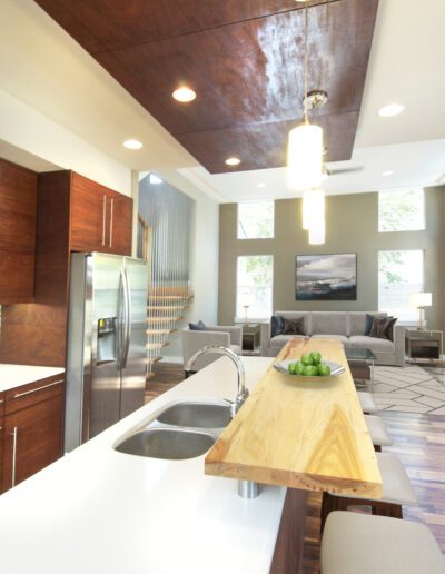 Modern kitchen interior with a view into the adjoining living room.